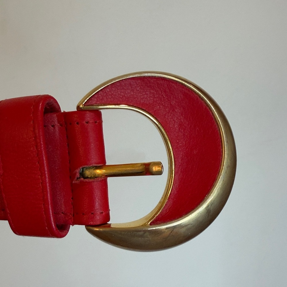 Vintage Carlisle Red & Navy Leather Belt w/ Unique Gold Buckle, Parisian Chic